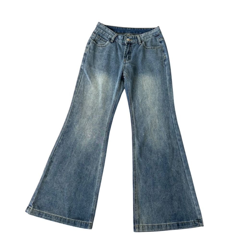 Y2K High Rise Flare Jeans Medium Wash Wide Leg Denim Pants M Coastal Cowgirl